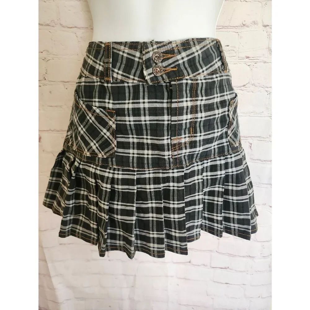 Y2K Kustommade Von Dutch Plaid Pleated Mini Skirt Sz.M w/Patch Vintage Original